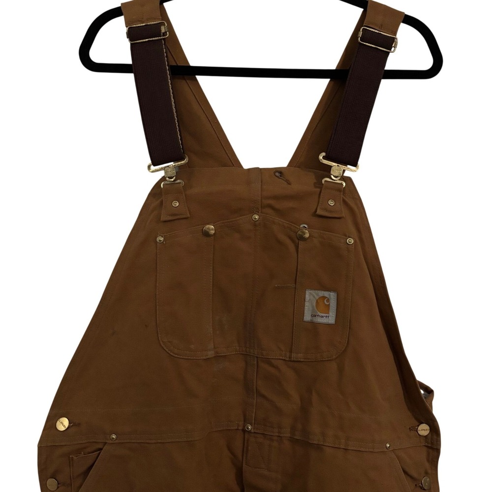 Vintage Carhartt Brown Duck Canvas Double Knee Bib Overalls 44x30 Made in USA‎